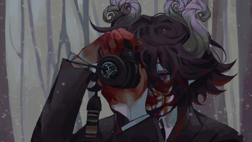 1boy absurdres black_hair blood blood_on_face blood_on_hands broken_glass business_suit camera collared_shirt colored_skin demon_horns empty_eyes english_commentary floral_background forest funamusea glass gold_bracelet gradient_hair highres holding holding_camera horns long_sleeves messy_hair multicolored_hair nature necktie purple_eyes red_hair sad satanick_(funamusea) shirt snowing suit takobatsu tree wavy_hair white_skin