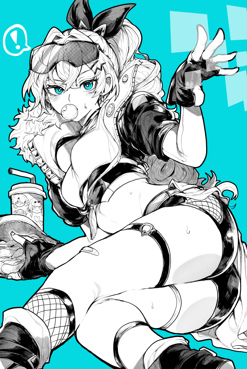 ! 1girl absurdres ass badge blue_eyes bow breasts bubble_blowing button_badge chewing_gum crop_top cropped_jacket eyewear_on_head fingerless_gloves fishnet_socks fishnets from_behind fur-trimmed_jacket fur_trim gloves greyscale_with_colored_background hair_bow high_ponytail highres honkai:_star_rail honkai_(series) jacket kneehighs legs_together looking_at_viewer lying medium_breasts monochrome on_side open_clothes open_jacket silver_wolf_(honkai:_star_rail) single_kneehigh single_sock skindentation socks solo spoken_exclamation_mark spot_color stomach sunglasses thick_thighs thigh_strap thighs yotsumi_shiro