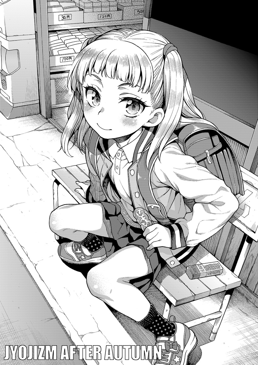 1girl backpack bag bench blush candy collared_shirt food greyscale highres jacket long_hair looking_at_viewer monochrome open_clothes open_jacket original randoseru shirt shoes sitting skirt smile sneakers solo two_side_up uousa-ou