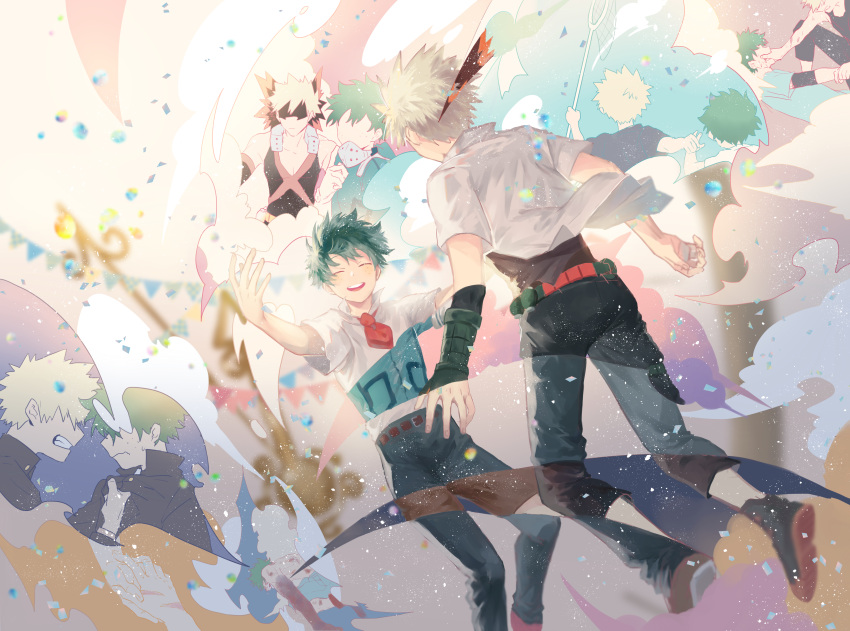 2boys ^_^ abstract_background absurdres age_progression aged_down angry aqua_bodysuit arm_grab bakugou_katsuki bare_shoulders belt belt_buckle black_jacket black_mask black_pants black_shirt black_tank_top blonde_hair blue_pants blue_shirt blurry blurry_background blurry_foreground blush boku_no_hero_academia brown_belt brown_shorts bruise bruise_on_arm buckle butterfly_net buttons child clenched_teeth closed_eyes closed_mouth clothes_grab cloud collared_shirt colored_shoe_soles commentary confetti detached_sleeves eye_mask face-to-face facing_another falling feet_out_of_frame floating_clothes freckles gakuran gloves green_gloves green_hair hand_net hand_on_another's_hand hand_on_another's_mouth hand_up hands_up happy headgear high_collar highres holding holding_butterfly_net injury jacket jacket_grab leaning_forward male_focus mask mask_around_neck mawaru_(ajan) midair midoriya_izuku mouth_mask multiple_boys necktie no_eyes no_mouth open_clothes open_collar open_mouth open_shirt orange_gloves outstretched_arms pants popped_collar red_necktie remembering revealing_layer round_teeth scar scar_on_hand scared school_uniform scowl scratches shirt shoe_soles short_hair short_sleeves shorts side-by-side sideways_mouth sleeveless smile smoke spiked_hair spoilers spread_arms string_of_flags summer_uniform sweatdrop t-shirt tank_top teeth topless_male torn_clothes two-tone_gloves u.a._school_uniform upper_teeth_only v-neck wavy_mouth white_gloves white_shirt wrist_guards x