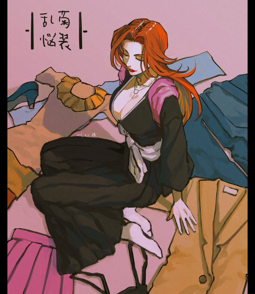 1girl absurdres belt black_hakama black_kimono bleach breasts cleavage closed_eyes clothes_on_floor from_side hakama hakama_pants hand_on_ground highres japanese_clothes jewelry jou_(jo_jjo) kimono large_breasts long_hair matsumoto_rangiku necklace on_floor pants pink_background red_hair red_lips simple_background sitting socks solo white_belt white_socks