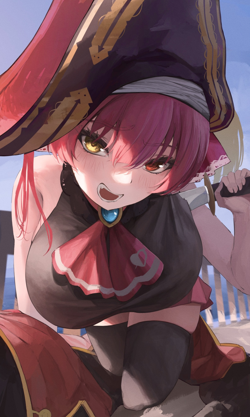 1girl absurdres ascot black_choker black_headwear black_leotard black_thighhighs blush breasts choker dagger frilled_choker frills hair_ribbon hat heterochromia highres holding holding_dagger holding_knife holding_weapon hololive houshou_marine houshou_marine_(1st_costume) knife large_breasts leotard looking_at_viewer open_mouth pirate_hat red_ascot red_eyes red_hair red_ribbon red_skirt ribbon samu_(sam_deg369) skirt smile thighhighs virtual_youtuber weapon yellow_eyes