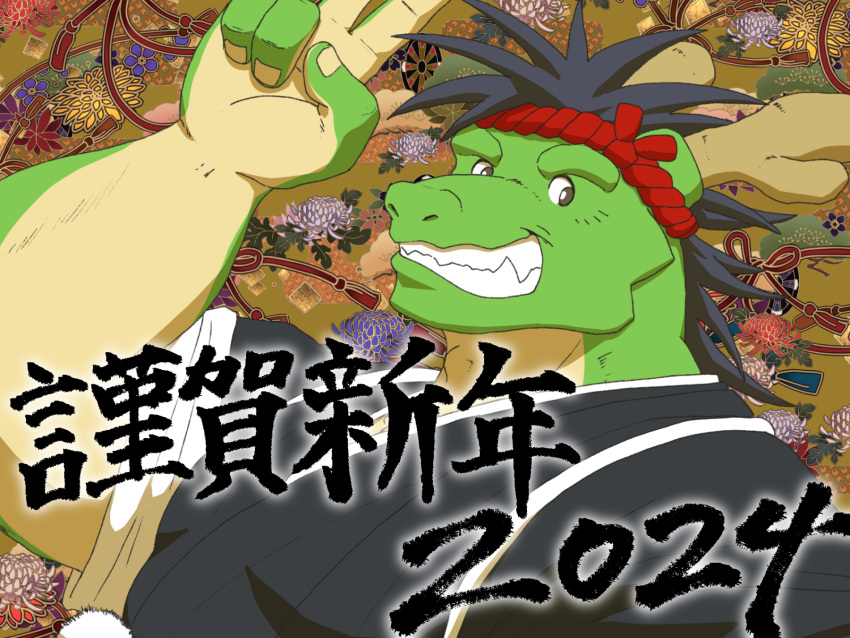 2024 2_horns accessory anthro asian_clothing black_clothing chinese_zodiac clothing dragon east_asian_clothing eastern_dragon fingernails gesture green_body green_skin hand_gesture headband hi_res holidays horn japanese_clothing male mane morenatsu multicolored_body multicolored_skin mythological_creature mythological_scalie mythology nails new_year open_mouth open_smile purple_mane red_headband run_aki scalie sharp_teeth smile solo tan_body tan_skin tatsuki_(morenatsu) teeth two_tone_body two_tone_skin v_sign year_of_the_dragon