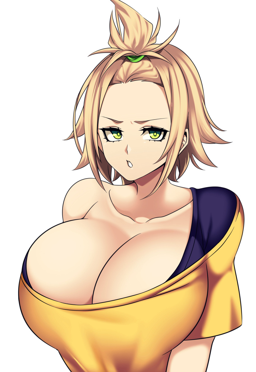 1girl absurdres angry annoyed blonde_hair breasts cleavage curvy eyelashes eyeliner forehead green_eyes hairband highres huge_breasts hz_(666v) large_breasts looking_at_viewer makeup original shirt short_hair short_sleeves source_request tomboy upper_body yellow_eyes
