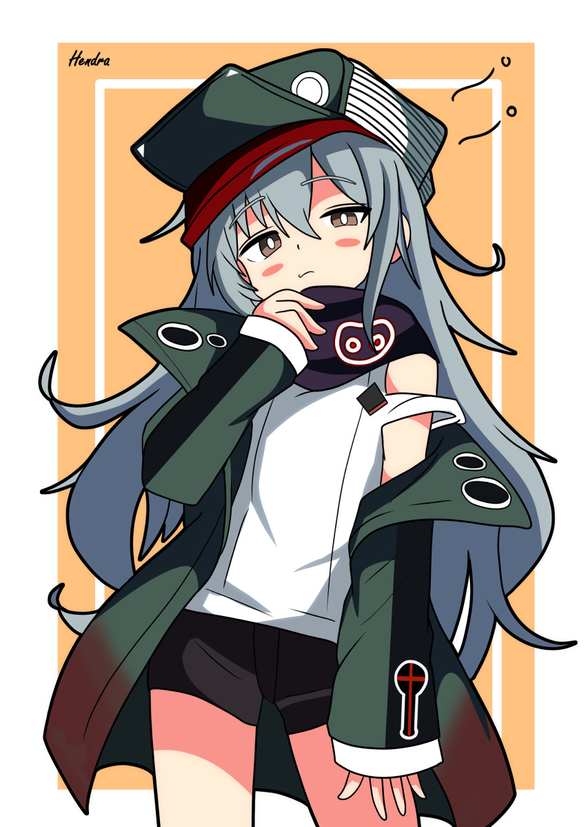 1girl absurdres adjusting_scarf arm_at_side black_scarf black_shorts blush_stickers border brown_eyes closed_mouth expressionless g11_(girls'_frontline) girls'_frontline green_headwear green_jacket grey_hair hair_between_eyes hat hendra highres inset_border jacket long_hair long_sleeves looking_at_viewer open_clothes open_jacket orange_background outside_border scarf shirt shorts sidelocks simple_background sleeveless sleeveless_shirt solo white_border white_shirt