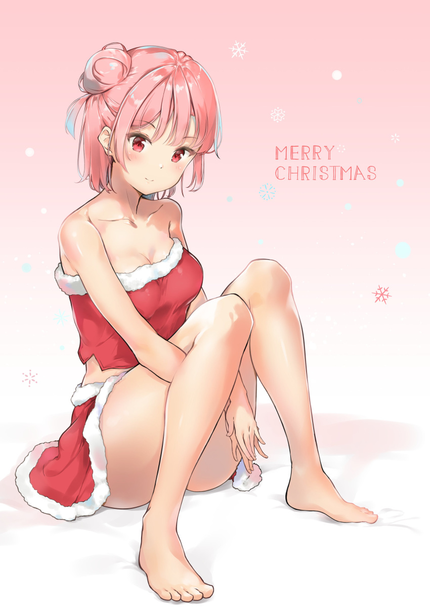 1girl absurdres bare_arms bare_shoulders barefoot between_legs breasts cleavage closed_mouth collarbone feet full_body fur-trimmed_skirt fur-trimmed_tube_top fur_trim hair_bun hand_between_legs highres knees_together_feet_apart looking_at_viewer medium_breasts merry_christmas miniskirt okaki_wtvc3785 pink_hair red_eyes red_skirt red_tube_top santa_costume short_hair single_hair_bun single_side_bun sitting skirt solo strapless thighs toes tube_top yahari_ore_no_seishun_lovecome_wa_machigatteiru. yuigahama_yui