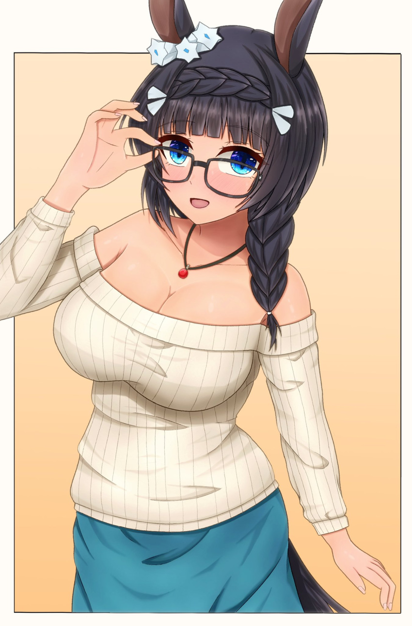 1girl adjusting_eyewear alternate_costume animal_ears bare_shoulders black-framed_eyewear black_hair blue_eyes blue_skirt blush border braid braided_ponytail breasts commentary_request crown_braid ear_ornament gradient_background highres horse_ears horse_girl horse_tail jewelry large_breasts long_sleeves m172/minatsu necklace off-shoulder_sweater off_shoulder open_mouth outside_border skirt smile solo sweater tail umamusume white_border zenno_rob_roy_(umamusume)