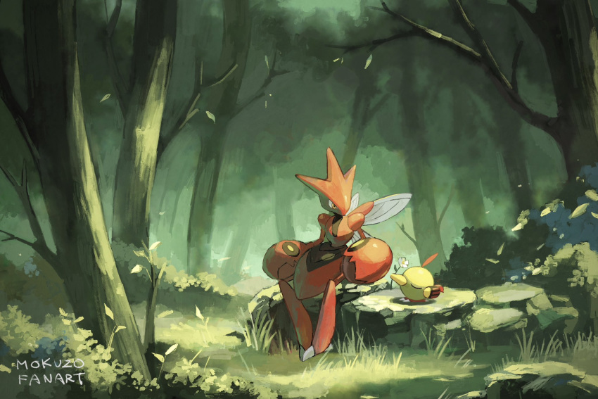 artist_name bush closed_eyes day flower forest grass highres insect_wings mokuzou_(moku_ssbu) natu nature no_humans outdoors pokemon pokemon_(creature) rock scizor sitting tree white_flower wings yellow_eyes