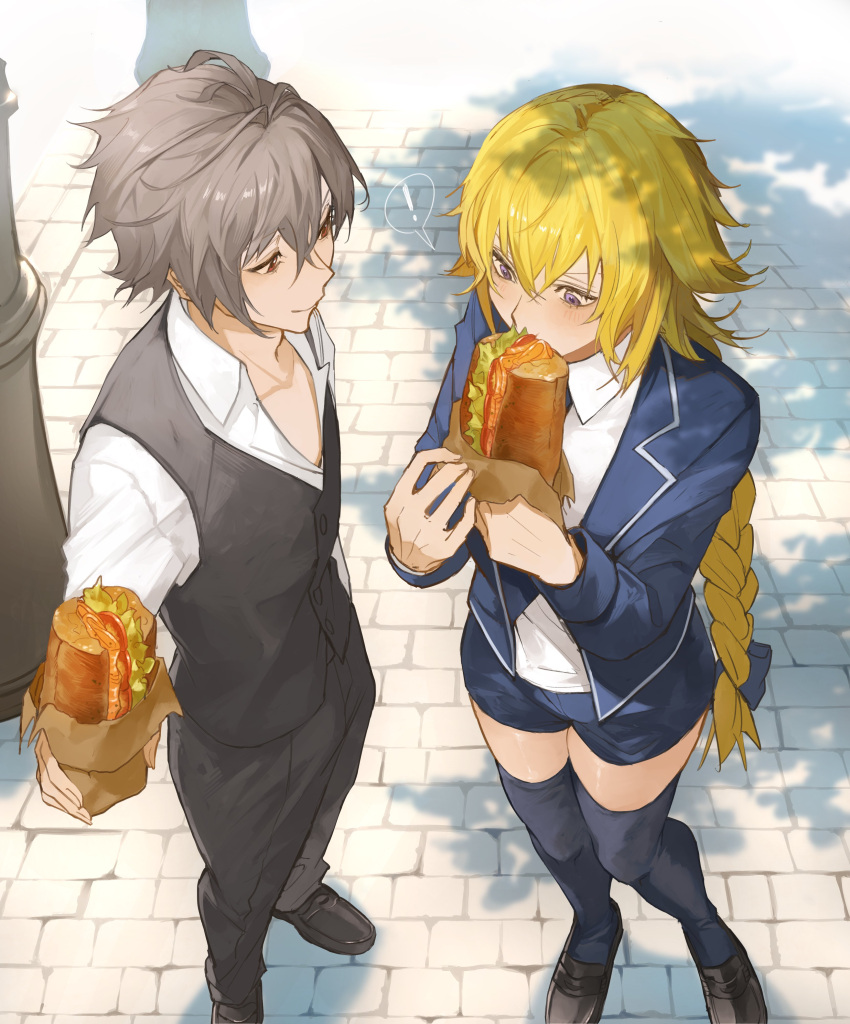 ! 1boy 1girl absurdres arm_at_side black_pants black_thighhighs black_vest blonde_hair blue_bow blue_jacket blue_shorts bow braid braided_ponytail brown_footwear closed_mouth cobblestone commentary dappled_sunlight eating fate/apocrypha fate_(series) food foreshortening full_body grey_hair hair_between_eyes hair_bow hand_up hands_up highres holding holding_food jacket jeanne_d'arc_(fate) jeanne_d'arc_(girl_from_orleans)_(fate) loafers long_hair long_sleeves looking_at_another looking_down outdoors pants purple_eyes red_eyes road sandwich shirt shoes short_hair shorts sieg_(fate) single_braid smile spoken_exclamation_mark standing street sunlight thighhighs vest white_shirt wrapper zettai_ryouiki zuraa_(naunau_seijin)
