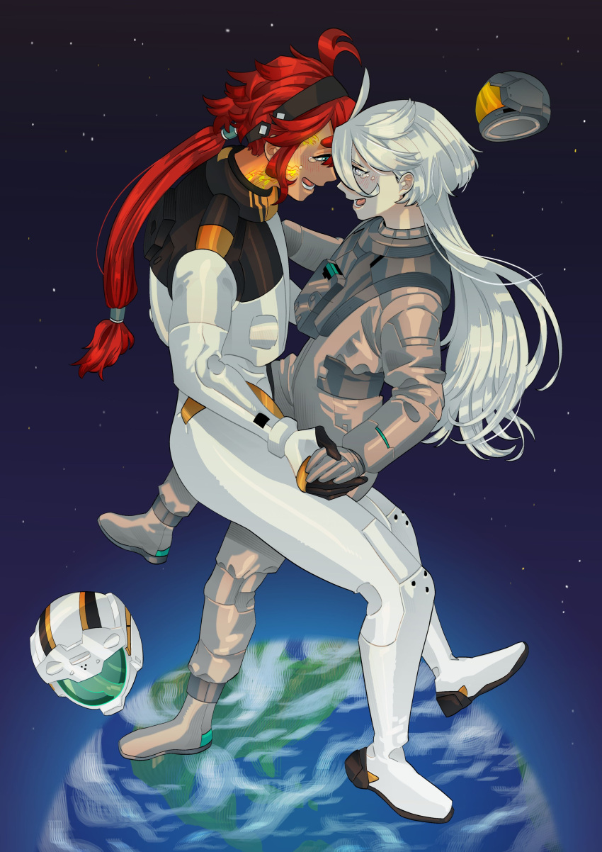 2girls absurdres black_hairband blue_eyes blush bodysuit commentary_request crying earth_(planet) eye_contact forehead-to-forehead full_body grey_bodysuit grey_eyes gundam gundam_suisei_no_majo hairband heads_together helmet highres holding_hands korean_commentary long_hair looking_at_another miorine_rembran multiple_girls open_mouth planet red_hair short_hair snapagi space space_helmet spacecraft spacesuit star_(sky) suletta_mercury tears unworn_headwear unworn_helmet white_bodysuit white_hair yuri