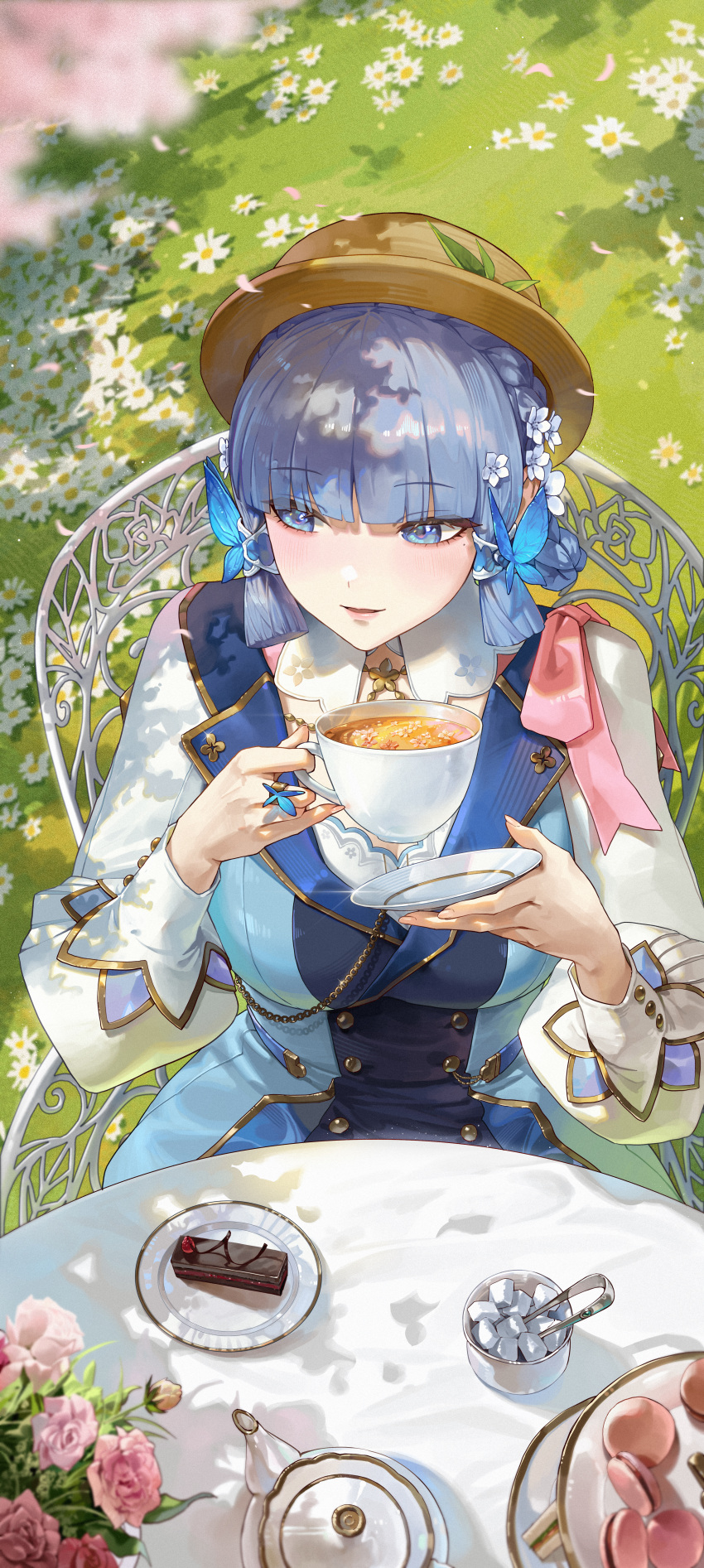 1girl absurdres blue_dress blue_eyes blue_hair braided_hair_rings brown_headwear butterfly_hair_ornament butterfly_ring buttons closed_mouth cup double-breasted dress field flower flower_field genshin_impact hair_flower hair_ornament highres holding holding_cup holding_saucer kamisato_ayaka kamisato_ayaka_(springbloom_missive) light_blue_hair lips long_sleeves looking_to_the_side mole mole_under_eye multicolored_clothes multicolored_dress official_alternate_costume official_alternate_hairstyle on_chair outdoors parted_lips pink_flower pov_across_table puffy_long_sleeves puffy_sleeves red_lips saucer shirt sitting smile solo sssong_aa sugar_cube table tea teacup teapot white_flower white_shirt