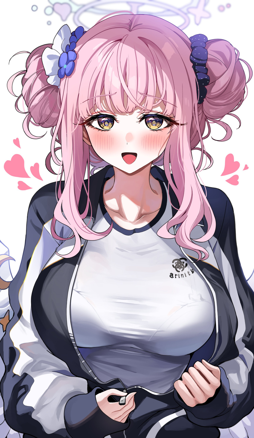 1girl :d absurdres black_jacket blonde_hair blue_archive blue_scrunchie blush bra_visible_through_clothes breasts collarbone double_bun hair_bun hair_ornament hair_scrunchie halo heart highres huge_breasts jacket long_bangs long_sleeves mika_(blue_archive) open_mouth partially_unzipped pink_hair sak_(lemondisk) scrunchie shirt short_hair_with_long_locks sidelocks simple_background sleeves_past_wrists smile solo straight-on striped_clothes striped_jacket track_jacket unzipping upper_body white_background white_jacket white_shirt