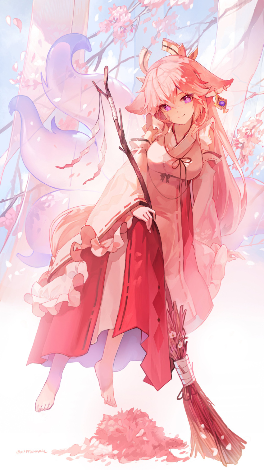 absurdres animal_ears broom cherry_blossoms earrings genshin_impact happyongdal highres japanese_clothes jewelry miko multiple_tails pink_hair purple_eyes smile tail yae_miko