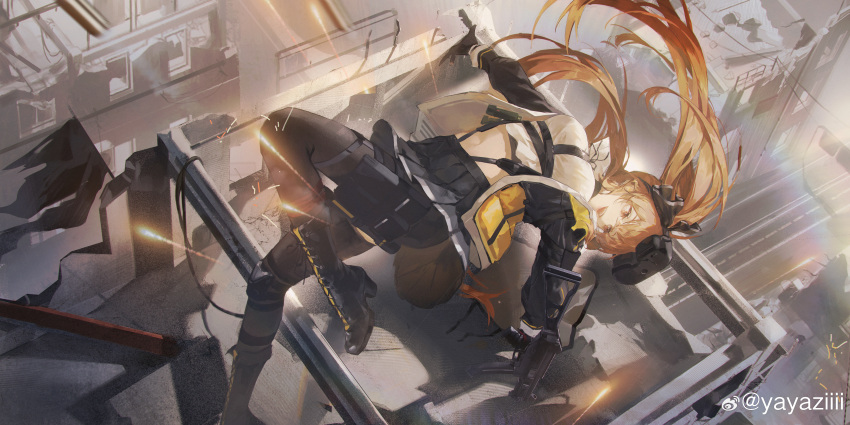 1girl absurdres black_footwear black_gloves black_jacket black_pantyhose black_skirt black_thighhighs boots breasts brown_eyes brown_hair building cross-laced_footwear foot_out_of_frame girls'_frontline girls'_frontline_2:_exilium gloves goggles goggles_on_head gun h&amp;k_ump highres holding holding_gun holding_weapon jacket jumping knee_boots knee_pads lace-up_boots long_hair looking_down midriff miniskirt night_vision_device pantyhose ruins shirt single_knee_pad single_leg_pantyhose single_thighhigh skirt solo submachine_gun thigh_pouch thighhighs twintails ump9_(girls'_frontline) weapon weibo_logo weibo_username white_shirt yayaziiii