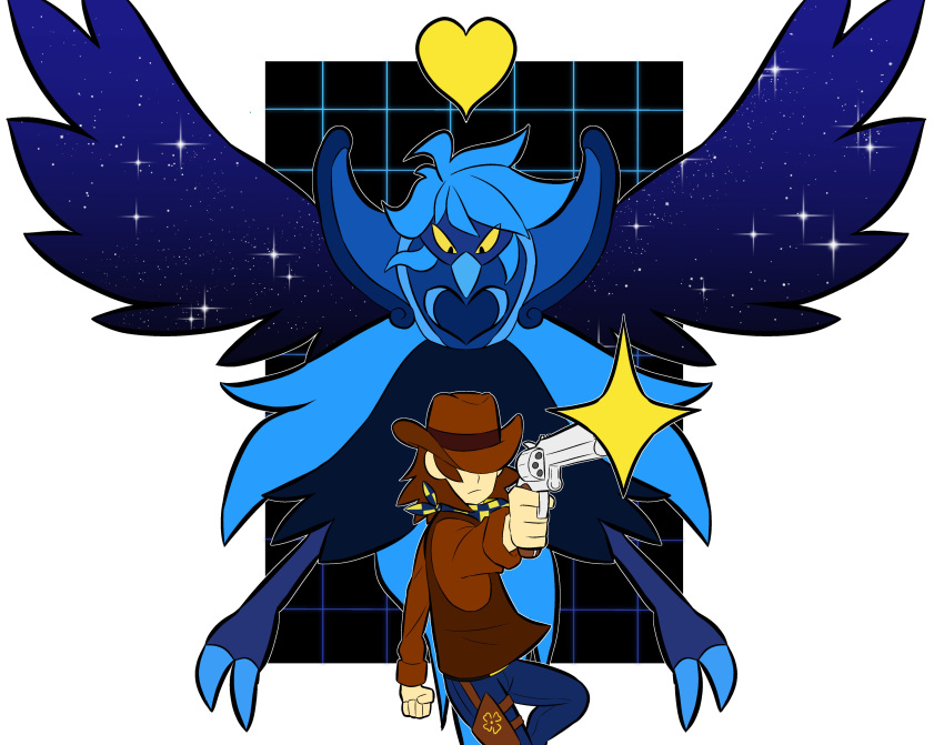 absurd_res anthro armor avian beak bird blue_body blue_feathers blue_hair breastplate checkered_clothing checkered_scarf clothing clover_(plant) clover_(undertale_yellow) cowboy cowboy_hat duo feathers feet female fist frown gun gunshot hair handgun hat headgear headwear hi_res holding_gun holding_object holding_ranged_weapon holding_weapon holster human long_hair looking_at_another male mammal martlet_(zenith_form) muzzle_flash obscured_eyes pattern_clothing pattern_scarf pauldron pistol plant ranged_weapon revolver scarf shooting soul_(undertale) soyel527 talons toes topwear undertale_(series) undertale_yellow vest weapon wings yellow_sclera