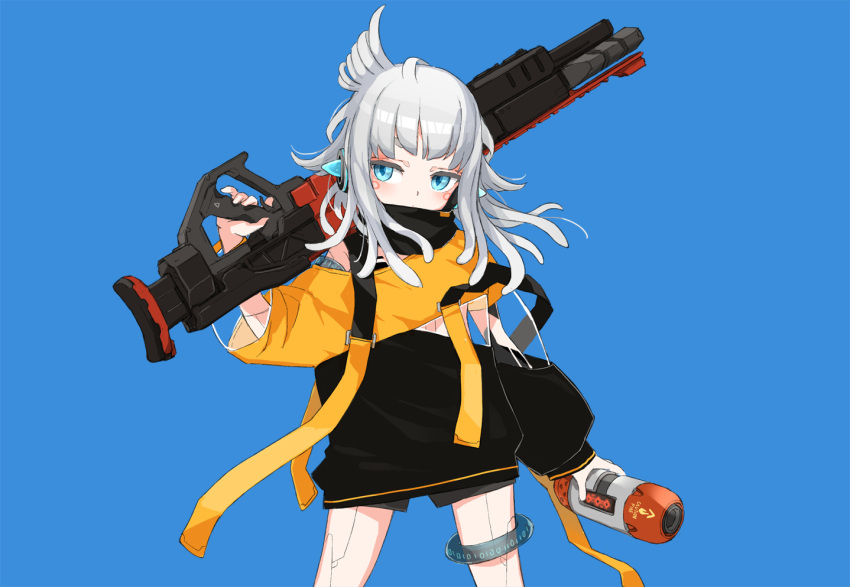 1girl and_uge apex_legends binary black_dress blue_background blue_eyes blush cowboy_shot dress english_commentary facial_mark grey_hair gun hair_wings hairpods holding holding_gun holding_weapon joints long_hair long_sleeves looking_at_viewer medium_bangs nanashi_inc. over_shoulder robot_joints rokkaku_game see-through see-through_dress short_dress simple_background solo thermite_grenade thigh_strap virtual_youtuber weapon weapon_over_shoulder yellow_dress