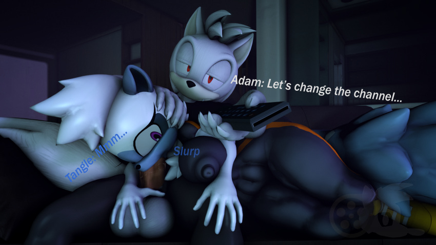 3d_(artwork) adam_(juicyducksfm) anthro big_penis black_clothing black_shirt black_topwear bodily_fluids bottomwear canid canine canis clothed clothing couch_sex dialogue digital_media_(artwork) duo fan_character fellatio female fur furniture genitals hand_on_balls hand_on_leg hand_on_thigh hi_res idw_publishing juicyducksfm lemur living_room looking_away lying male male/female mammal muscular muscular_male night nipples_outline on_side oral oral_penetration pants penetration penile penis primate red_eyes saliva saliva_on_penis sega sex shirt sofa sonic_the_hedgehog_(comics) sonic_the_hedgehog_(idw) sonic_the_hedgehog_(series) source_filmmaker strepsirrhine tangle_the_lemur topwear tracksuit tv_remote watching_tv white_body white_fur wolf