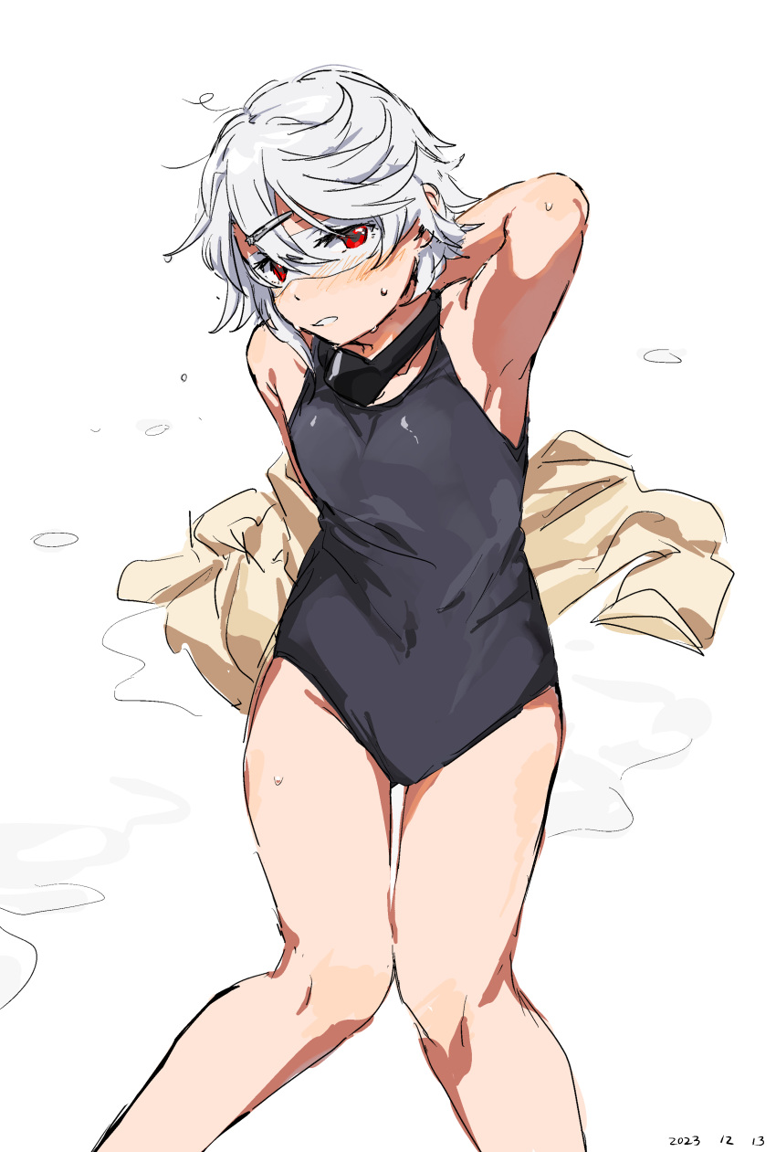 1girl absurdres alternate_costume armpits bare_legs bare_shoulders black_one-piece_swimsuit dated eye_mask feet_out_of_frame grey_hair hair_between_eyes highres one-piece_swimsuit red_eyes short_hair shy_(character) shy_(series) simple_background sitting solo swimsuit takatisakana wet