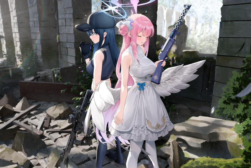 2girls absurdres angel_wings assault_rifle back-to-back black_hair black_headwear blue_archive blue_halo breasts cirilla_lin closed_eyes commentary dress gun hair_bun halo highres holding holding_gun holding_weapon lanchester_smg large_breasts long_hair low_wings mika_(blue_archive) multiple_girls outdoors pantyhose pink_hair pink_halo rifle ruins saori_(blue_archive) sig_516 single_hair_bun single_side_bun sleeveless sleeveless_dress standing submachine_gun weapon white_dress white_pantyhose white_wings wings