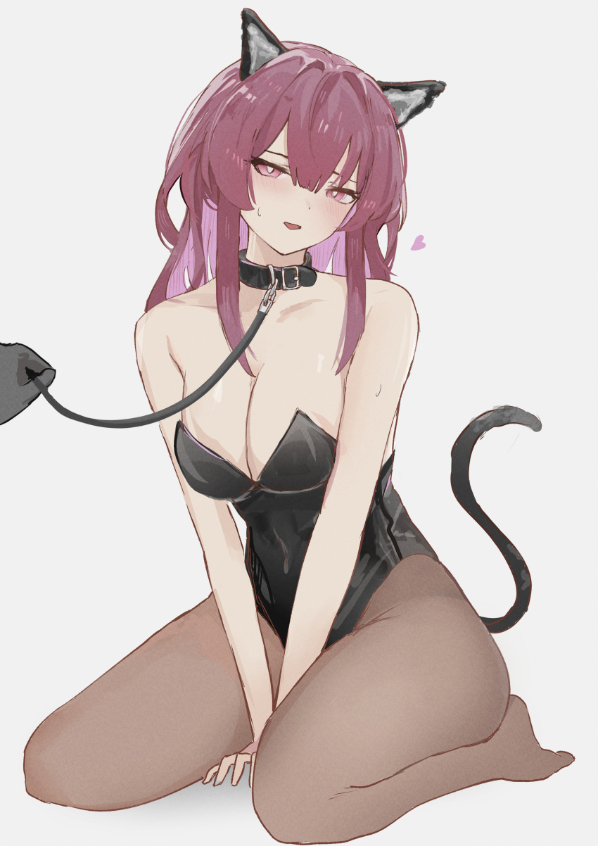 1girl 1other :d absurdres animal_ears bare_arms bare_shoulders black_choker black_leotard cat_ears cat_tail choker commentary_request fake_animal_ears fake_tail grey_background heart highres honkai:_star_rail honkai_(series) kafka_(honkai:_star_rail) leash leotard long_hair looking_at_viewer no_shoes open_mouth pantyhose purple_eyes purple_hair simple_background smile solo_focus strapless strapless_leotard tail thighs wawamachi_(wawamachis)