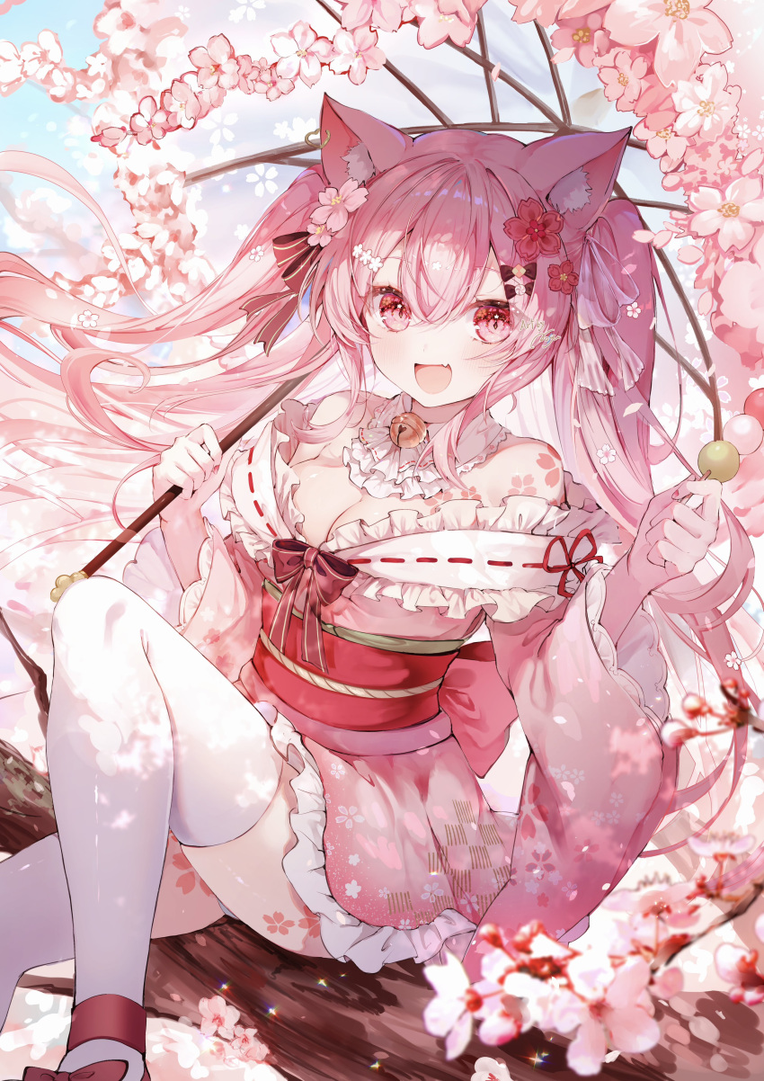 1girl :d absurdres animal_ear_fluff animal_ears blush breasts cat_ears cat_girl cherry_blossoms cleavage detached_collar fang frilled_kimono frilled_skirt frills hair_between_eyes highres holding holding_umbrella in_tree japanese_clothes kimono knee_up large_breasts long_hair looking_at_viewer noyu_(noyu23386566) obi off_shoulder open_mouth original parasol pink_eyes pink_hair pink_kimono pink_skirt pink_theme sash sidelocks sitting sitting_in_tree skirt smile solo thighhighs tree twintails umbrella white_thighhighs zettai_ryouiki