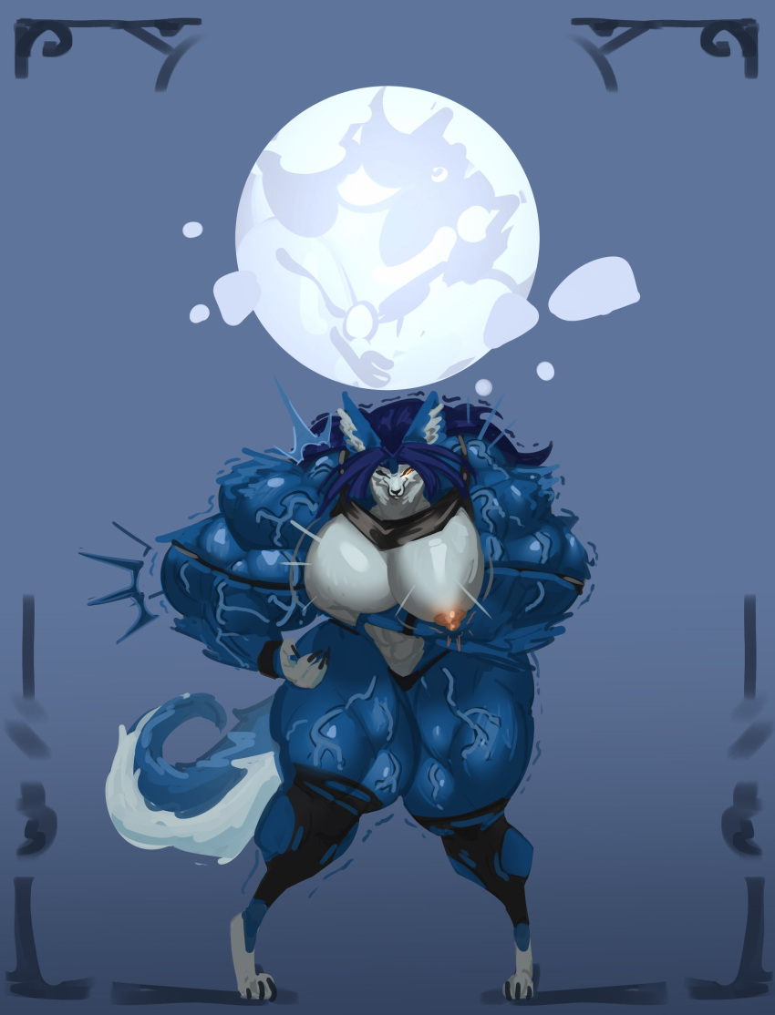 abs absurd_res anthro big_breasts big_muscles black_claws black_clothing black_legwear black_panties black_thigh_highs black_underwear blue_body blue_fur blue_hair body_size_growth breast_expansion breasts canid canine claws clothing expansion female full_moon fur growth hair hi_res hopey huge_breasts huge_muscles huge_thighs hyper hyper_muscles legwear long_hair long_tail mammal megguado moon multicolored_body multicolored_fur muscle_growth muscular muscular_anthro muscular_arms muscular_female muscular_legs muscular_thighs mythological_canine mythological_creature mythology nipples one_eye_closed orange_eyes panties pink_nipples size_transformation solo tail thick_thighs thigh_expansion thigh_highs throbbing torn_clothing transformation underwear vein veiny_muscles were werecanid werecanine werewolf white_body white_fur