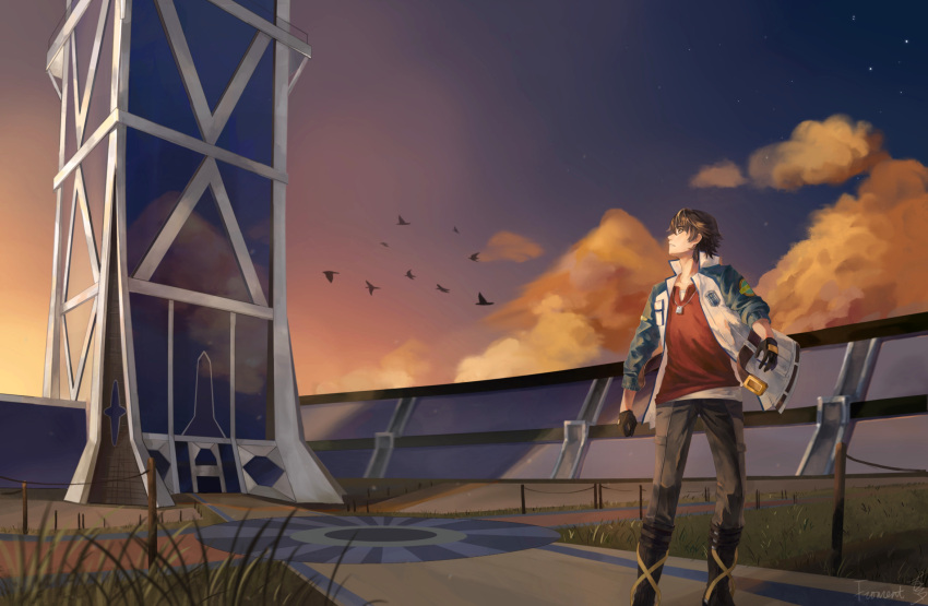 1boy bird black_gloves boots brown_hair building cloud eiyuu_densetsu floating_clothes flock froment gloves gradient_sky hair_between_eyes hajimari_no_kiseki highres jacket lloyd_bannings mullet outdoors sky solo