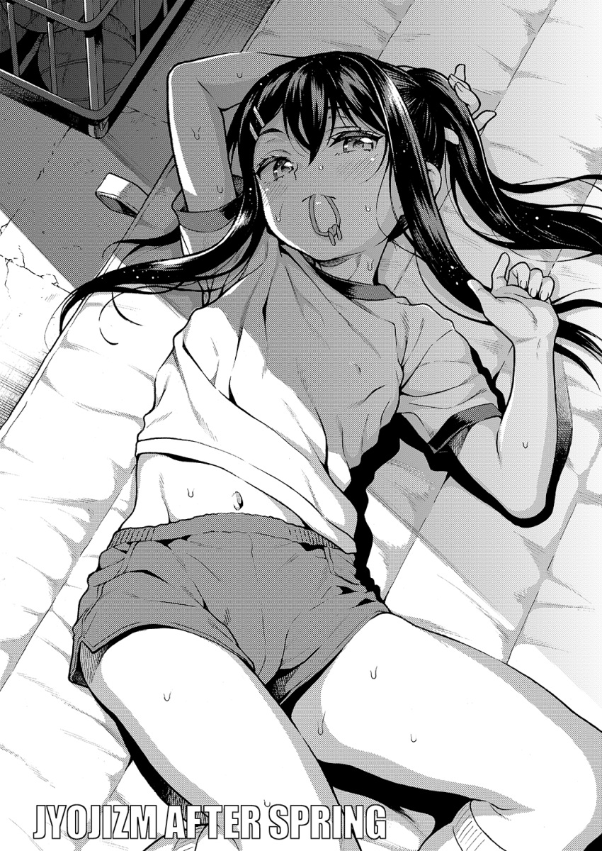 1girl blush from_above greyscale gym_storeroom gym_uniform hair_ornament hair_tie_in_mouth hairclip highres long_hair looking_at_viewer lying monochrome mouth_hold navel on_back original solo sweat uousa-ou