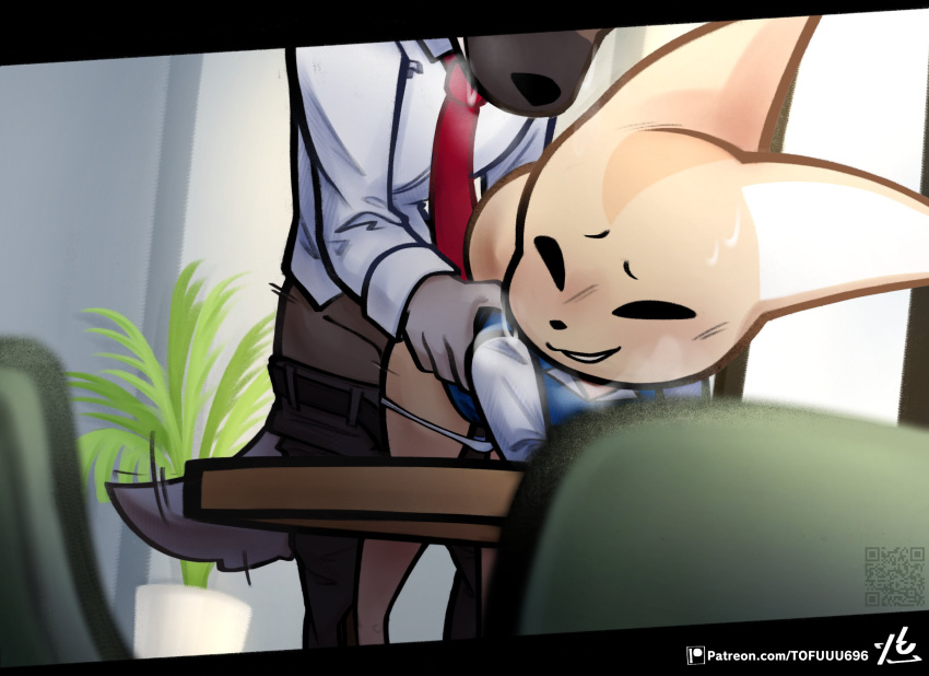 aggretsuko anthro anthro_on_anthro anthro_penetrated anthro_penetrating anthro_penetrating_anthro belt bent_over_table big_ears black_eyes bodily_fluids bottomwear bottomwear_down businesswear canid canine clothed clothed_sex clothing dress_shirt duo female female_penetrated fennec_fox fenneko fox from_behind_position fur haida_(aggretsuko) hi_res hyena male male/female male_penetrating male_penetrating_female mammal necktie pants pants_down partially_clothed penetration sanrio sex shirt smile spotted_hyena sweat sweatdrop tan_body tan_fur tofuuu topwear true_fox unprofessional_behavior