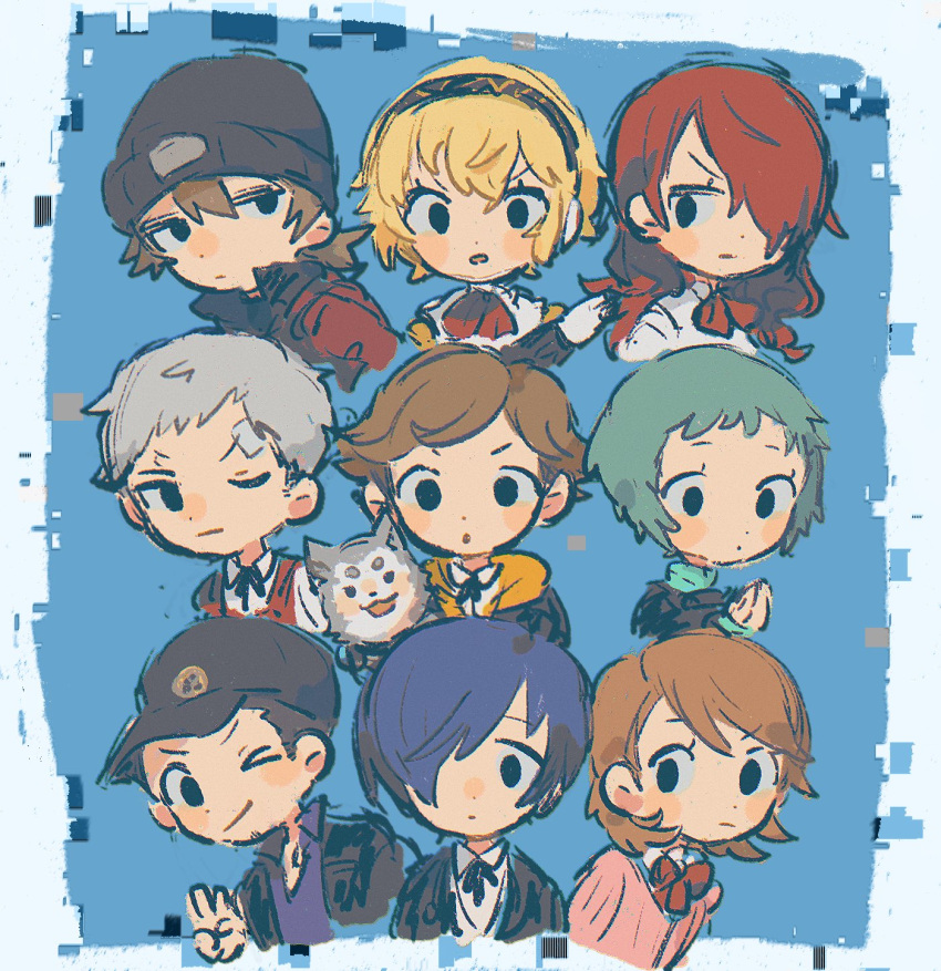 &gt;_o 4girls 5boys aegis_(persona) amada_ken animal aragaki_shinjirou baseball_cap beanie black_headwear black_jacket blonde_hair blue_hair brown_hair chibi dog gekkoukan_high_school_uniform grey_hair hair_between_eyes hair_over_one_eye hat highres hood hood_down iori_junpei jacket kirijou_mitsuru koromaru_(persona) multiple_boys multiple_girls nojiko_(natumag) one_eye_closed parted_lips persona persona_3 red_hair sanada_akihiko school_uniform shirt short_hair simple_background smile takeba_yukari v white_shirt yamagishi_fuuka yuuki_makoto_(persona_3)