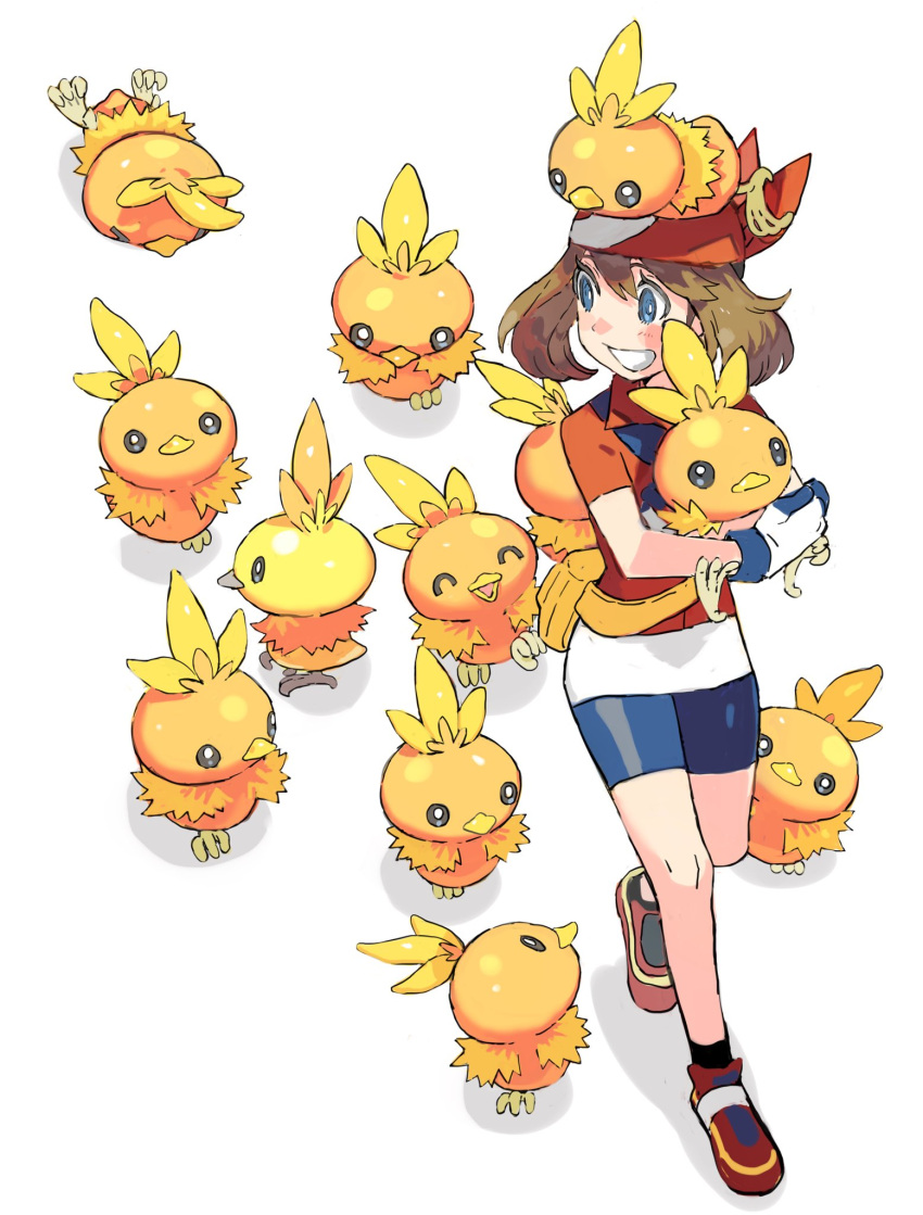 1girl aisutabetao bandana blue_eyes brown_hair fanny_pack full_body gloves highres holding holding_pokemon looking_at_another may_(pokemon) on_head pokemon pokemon_(creature) pokemon_on_head pokemon_rse red_bandana red_shirt shirt shorts smile torchic walking white_background