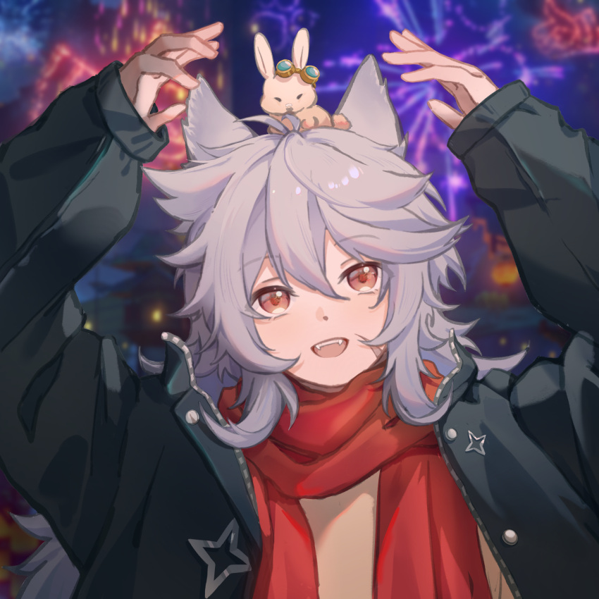 2boys aerial_fireworks alternate_costume animal_ears bennett_(genshin_impact) bishounen deardraco fireworks genshin_impact goggles goggles_on_head highres jacket male_focus multiple_boys open_mouth rabbit_boy rabbit_ears razor_(genshin_impact) red_eyes red_scarf scarf upper_body wolf_boy wolf_ears