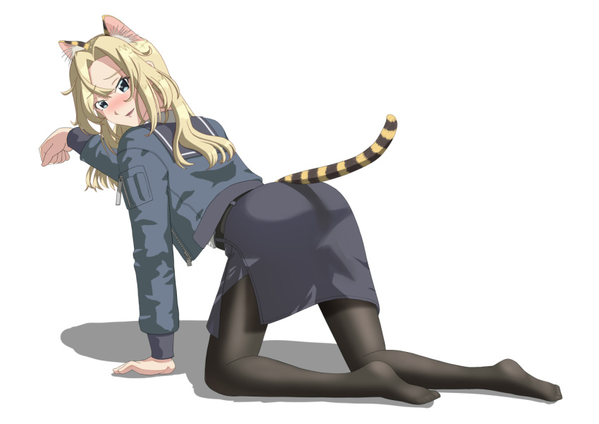 1girl all_fours animal_ears ass belt black_belt black_pantyhose black_skirt blonde_hair blue_eyes blush bomber_jacket hornet_(kancolle) jacket kantai_collection kuroinu1997 long_hair long_sleeves looking_at_viewer nose_blush pantyhose paw_pose pencil_skirt shadow skirt smile solo tail tiger_ears tiger_tail white_background