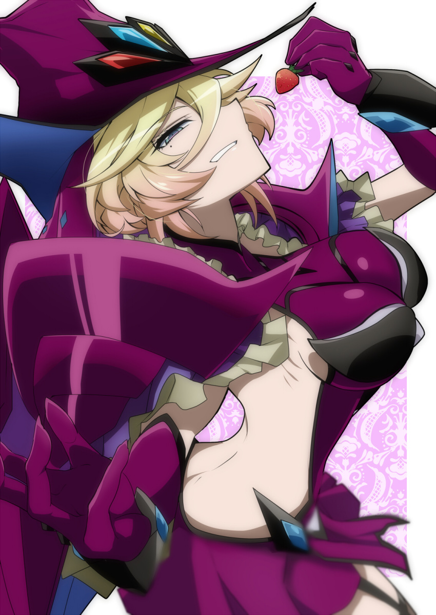 1girl aged_up arched_back blonde_hair blue_eyes breasts carol_malus_dienheim elbow_gloves food fruit garter_straps gloves hat highres large_breasts long_hair looking_at_viewer mole mole_under_eye nabeiro_kin parted_lips purple_gloves ribs senki_zesshou_symphogear shiny_skin sideless_outfit smile solo standing strawberry thighs