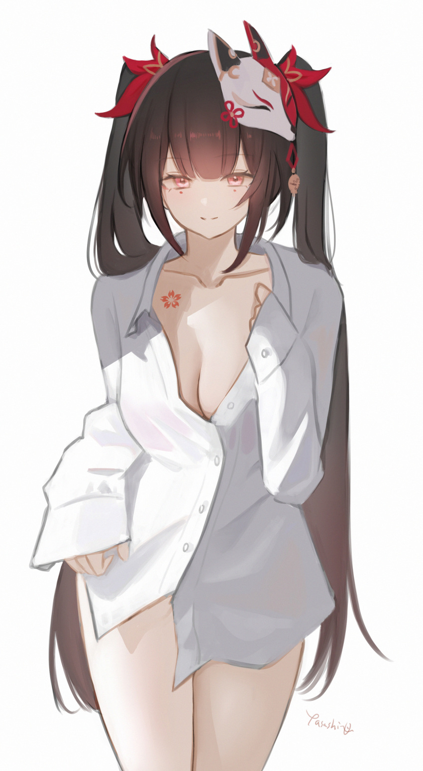 1girl absurdres blush bow breasts brown_hair chest_tattoo cleavage closed_mouth collarbone collared_shirt cowboy_shot flower_tattoo fox_mask hair_bow hand_on_own_chest highres honkai:_star_rail honkai_(series) large_breasts legs_together long_hair long_sleeves looking_at_viewer mask mask_on_head naked_shirt partially_unbuttoned pink_eyes red_bow shirt signature simple_background sleeves_past_wrists smile solo sparkle_(honkai:_star_rail) straight-on tattoo thick_thighs thighs twintails very_long_hair white_background white_shirt yasashihito