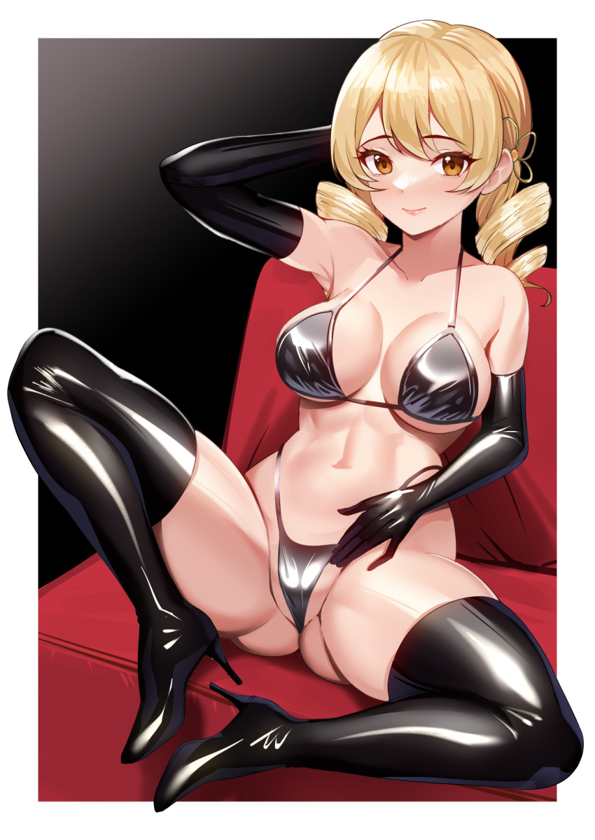 1girl arm_up bikini black_bikini black_footwear black_gloves blonde_hair boots breasts drill_hair elbow_gloves gloves high_heel_boots high_heels highres large_breasts long_hair mahou_shoujo_madoka_magica navel sitting smile solo spread_legs swimsuit thigh_boots tomoe_mami twin_drills twintails volyz yellow_eyes