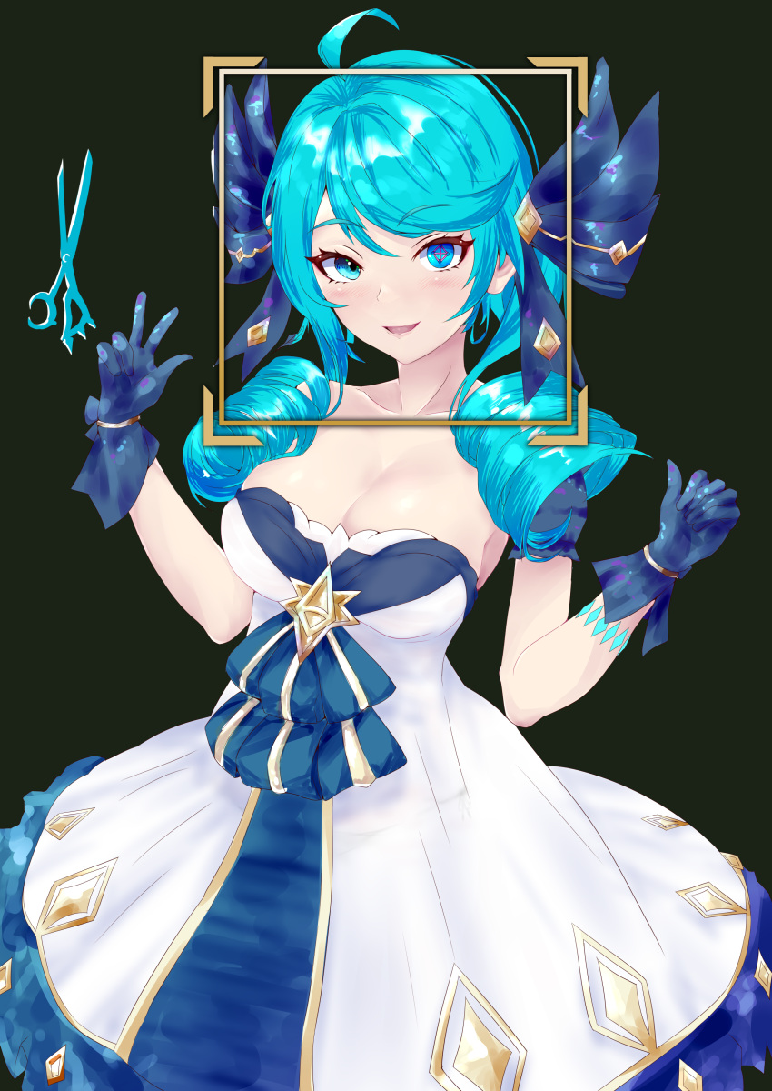 1girl absurdres ahoge black_background black_bow black_gloves blue_eyes blue_hair bow breasts collarbone commentary dress drill_hair gloves gwen_(league_of_legends) hair_ornament hand_up highres league_of_legends puffy_sleeves scissors simple_background solo stella_splitter tagme