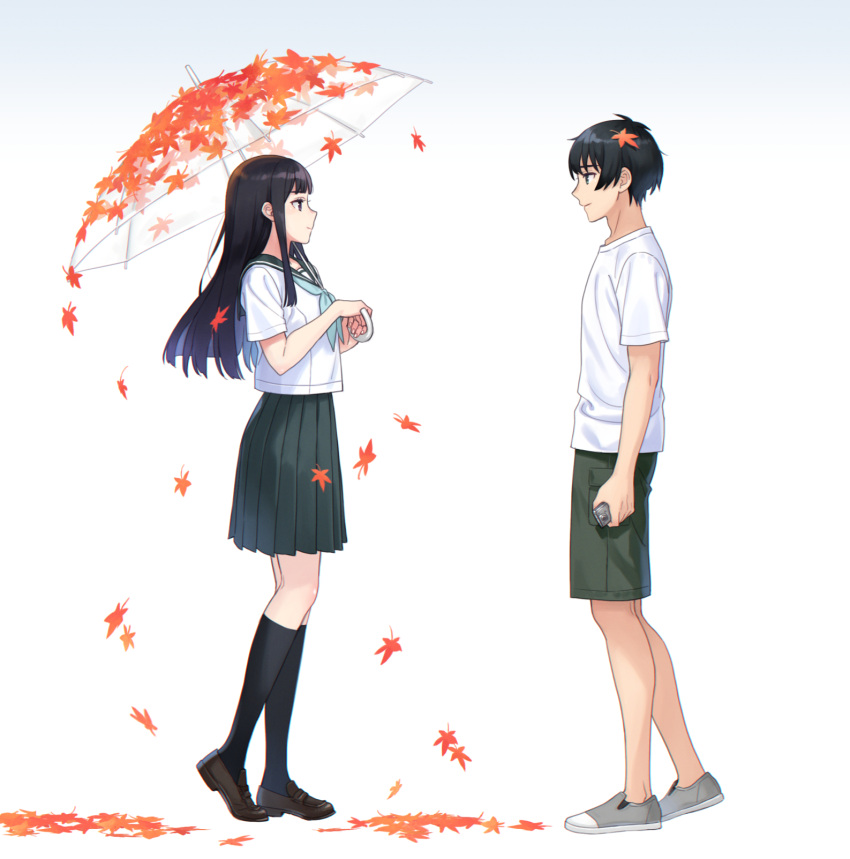 1boy 1girl black_hair black_sailor_collar black_socks blue_neckerchief brown_footwear from_side green_eyes green_shorts green_skirt grey_footwear hanashiro_anzu highres holding holding_umbrella itooooofu8282 kneehighs leaf loafers looking_at_another maple_leaf medium_hair natsu_e_no_tunnel_sayonara_no_deguchi neckerchief pleated_skirt purple_eyes sailor_collar school_uniform shirt shoes short_hair short_sleeves shorts simple_background skirt socks t-shirt touno_kaoru transparent transparent_umbrella umbrella white_background white_shirt