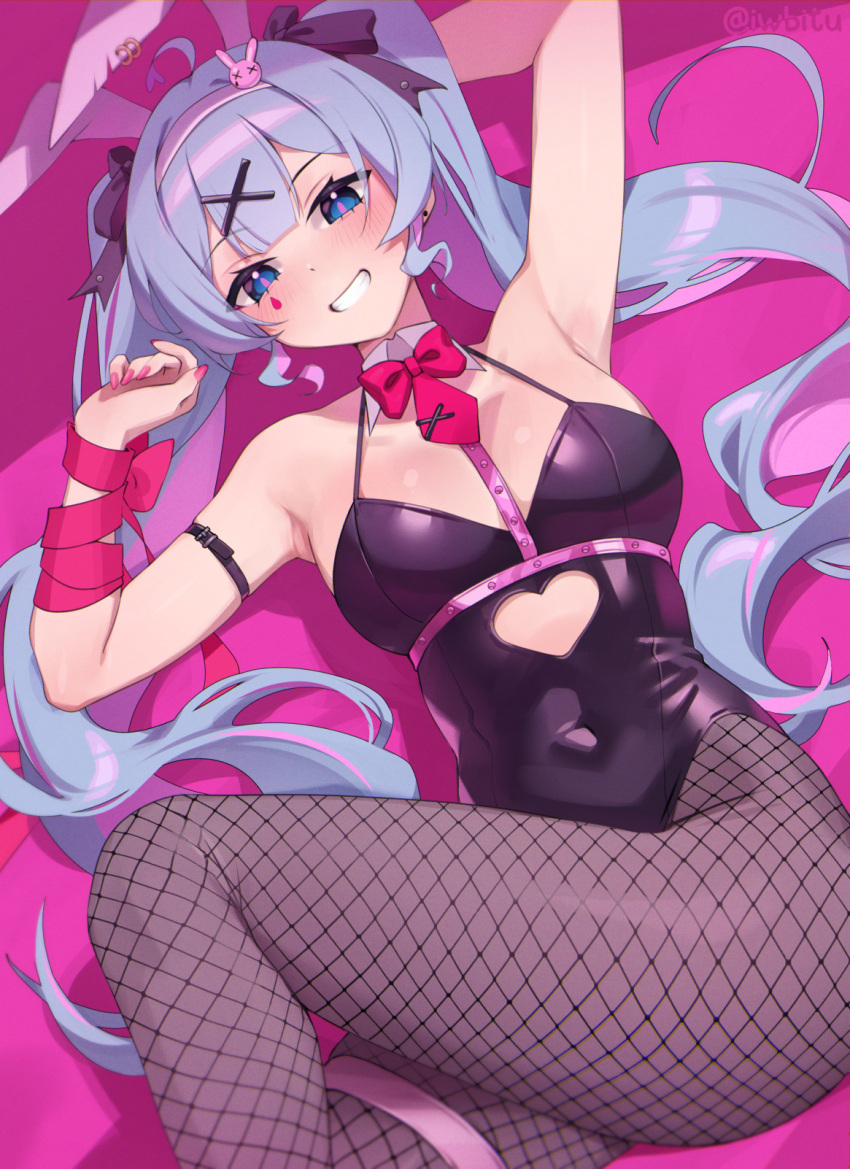 1girl animal_ears arm_strap arm_up armpits blue_eyes blue_hair blush detached_collar fake_animal_ears fishnet_pantyhose fishnets grin hair_ornament hairband hatsune_miku highres iwbitu leotard long_hair looking_at_viewer lying nail_polish necktie on_back pantyhose pink_nails pink_necktie playboy_bunny purple_leotard purple_pantyhose rabbit_ears rabbit_hole_(vocaloid) smile solo teardrop_facial_mark teeth thighs twintails white_hairband