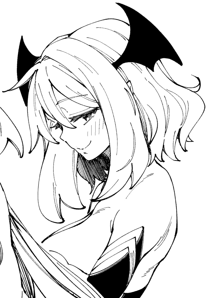 1girl akino_sora bat_wings blush demon_girl from_side greyscale head_wings highres looking_at_viewer monochrome original sidelocks sketch smile white_background wings