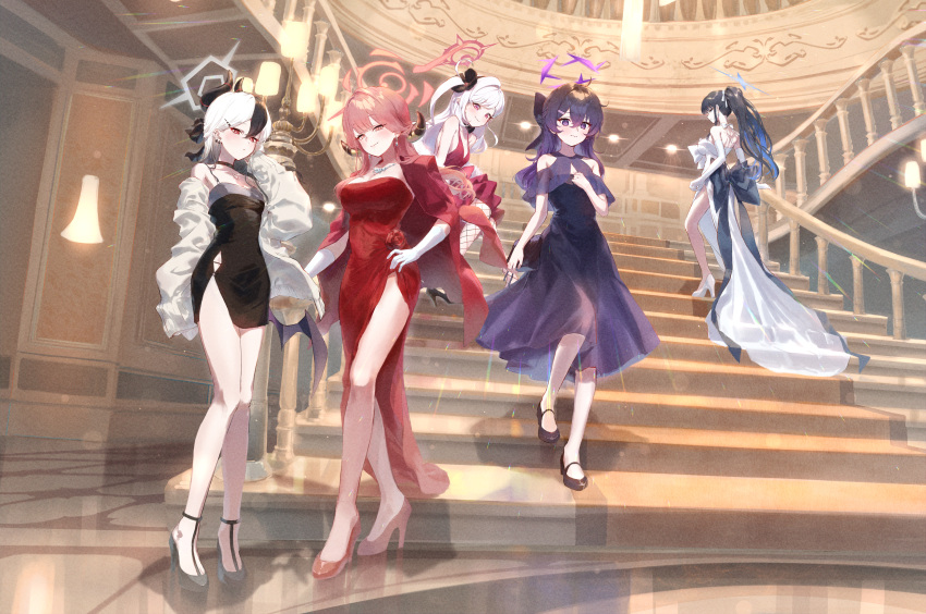 5girls absurdres aru_(blue_archive) aru_(dress)_(blue_archive) bare_shoulders black_bow black_dress black_footwear black_hair black_horns blue_archive blue_hair blue_halo bow brown_jacket coat coat_on_shoulders commentary demon_girl demon_horns dress dress_bow eshineko full_body grey_halo halo haruka_(blue_archive) haruka_(dress)_(blue_archive) high_heels highres horns indoors jacket kayoko_(blue_archive) kayoko_(dress)_(blue_archive) looking_at_viewer looking_back multicolored_hair multiple_girls mutsuki_(blue_archive) mutsuki_(dress)_(blue_archive) official_alternate_costume open_clothes open_jacket ponytail problem_solver_68_(blue_archive) purple_eyes purple_hair purple_halo red_coat red_dress red_footwear red_hair red_halo saori_(blue_archive) saori_(dress)_(blue_archive) smile stairs standing strapless strapless_dress streaked_hair symbol-only_commentary waist_bow white_dress white_hair