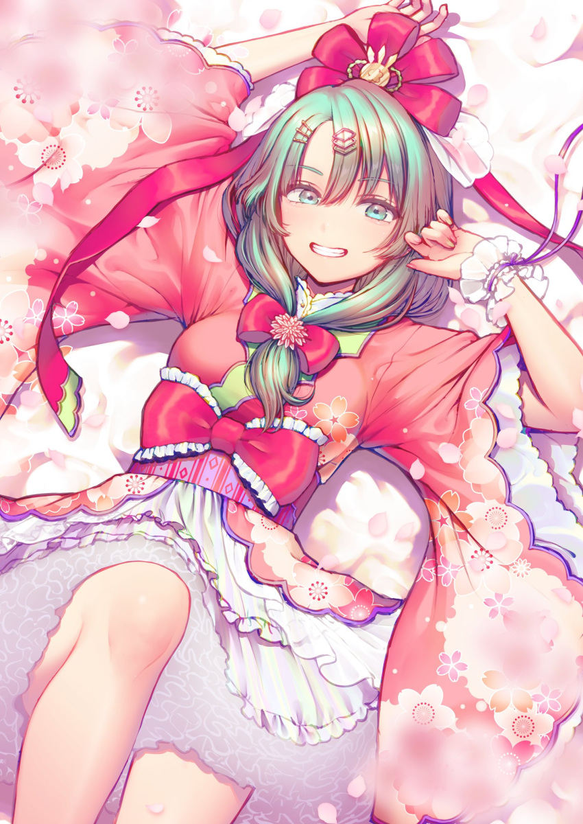 1girl bow dress floral_print frilled_bow frilled_dress frills front_ponytail green_eyes green_hair hair_bow hair_ribbon highres hinamatsuri japanese_clothes kageharu kagiyama_hina kimono looking_at_viewer lying print_kimono red_bow red_ribbon ribbon smile solo touhou wide_sleeves