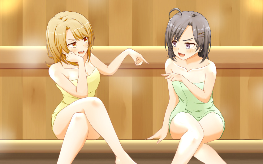 2girls ahoge atelier_z44 black_hair blonde_hair blush breasts cleavage collarbone crossed_legs hair_ornament highres hikigaya_komachi isshiki_iroha looking_at_another medium_hair multiple_girls naked_towel open_mouth pointing pointing_at_another purple_eyes sauna sitting thighs towel x_hair_ornament yahari_ore_no_seishun_lovecome_wa_machigatteiru. yellow_eyes