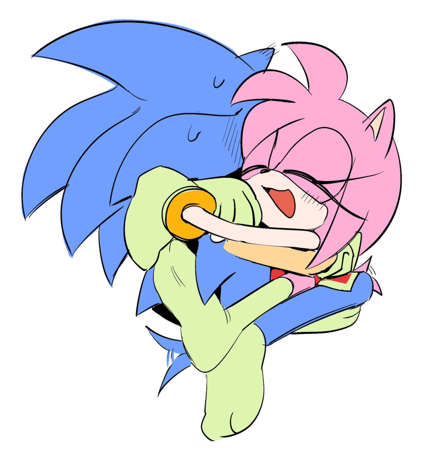 1boy 1girl :3 ^_^ amy_rose animal_nose blue_fur blush bracelet closed_eyes dress gloves green_gloves green_socks happy hedgehog_ears hedgehog_tail highres hug jewelry leg_lock long_eyelashes mojunpwo mutual_hug pink_fur pink_hair red_dress short_hair socks sonic_(series) sonic_the_hedgehog sweatdrop tail tail_wagging