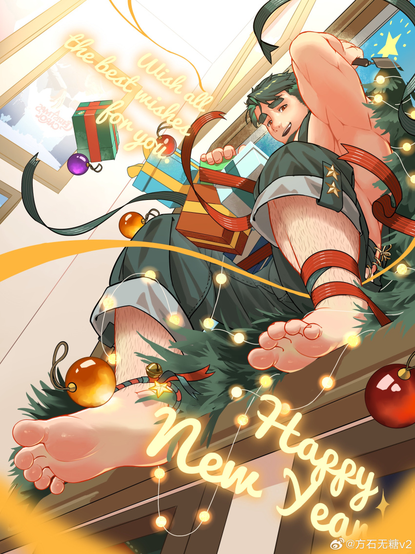 1boy absurdres bara barefoot english_text facial_hair feet foot_focus foreshortening from_below gift goatee green_overalls highres huge_eyebrows large_pectorals looking_at_viewer male_focus merry_christmas muscular muscular_male naked_overalls oc_(kn) original overalls pectorals short_hair sidepec solo thick_leg_hair weibo_logo wutang