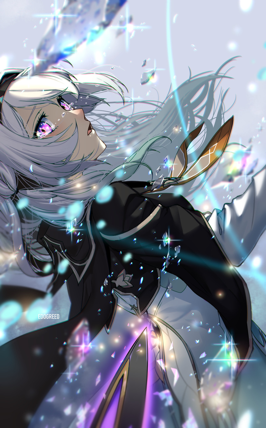 1girl absurdres artist_name black_hairband black_jacket collared_shirt cowboy_shot cropped_jacket crying crying_with_eyes_open eadgear firefly_(honkai:_star_rail) floating_hair from_side glowing glowing_sword glowing_weapon gradient_hair green_hair grey_hair hairband highres honkai:_star_rail honkai_(series) jacket long_hair looking_at_viewer multicolored_hair neckerchief orange_neckerchief purple_eyes shirt sidelocks solo spoilers sword tears weapon when_you_see_it white_shirt