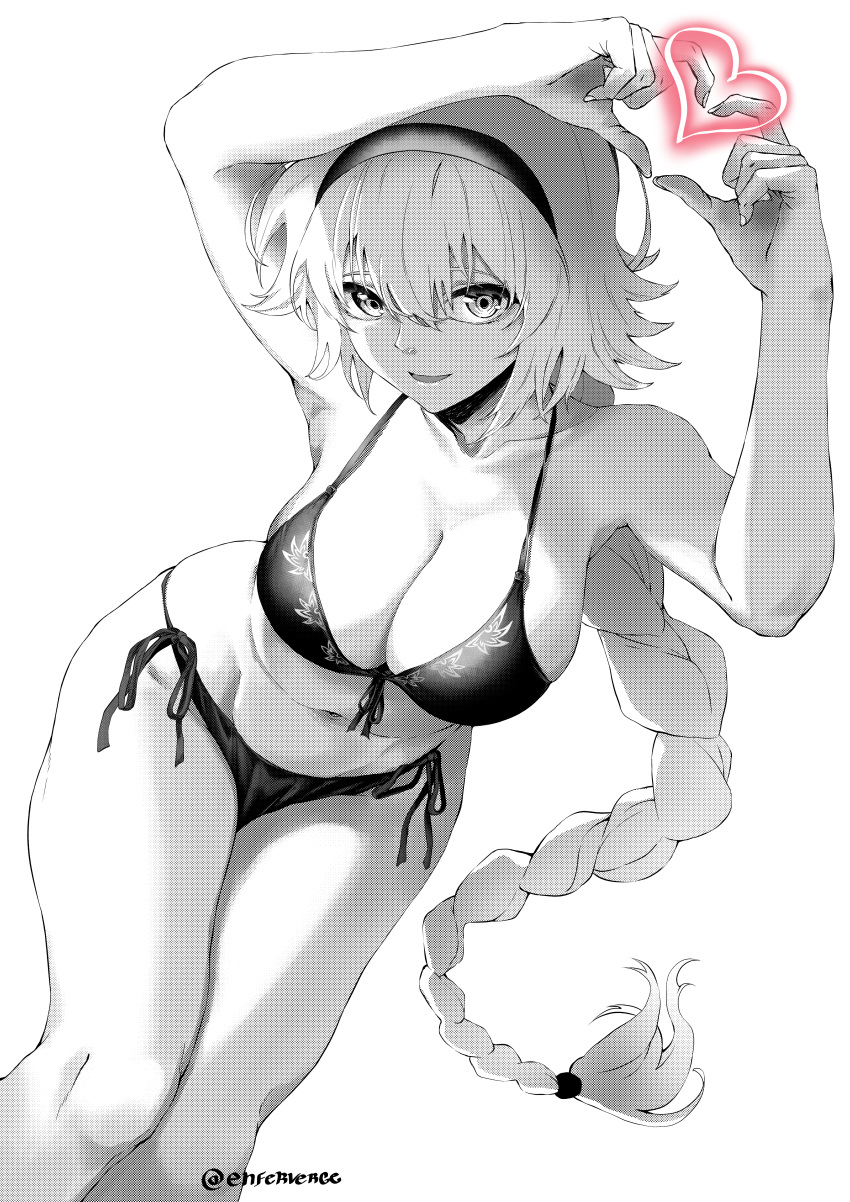 1girl absurdres arms_up bikini braid braided_ponytail breasts cleavage collarbone commission enferverge english_commentary fate/apocrypha fate/grand_order fate_(series) front-tie_bikini_top front-tie_top greyscale hair_between_eyes hairband heart heart_hands highres jeanne_d'arc_(fate) jeanne_d'arc_(ruler)_(fate) large_breasts long_hair looking_at_viewer monochrome navel side-tie_bikini_bottom single_braid smile solo swimsuit twitter_username very_long_hair white_background