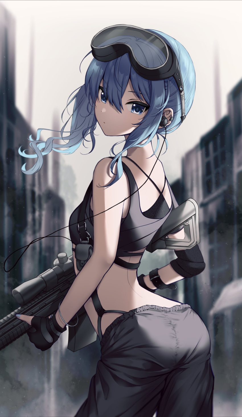 1girl absurdres bare_shoulders black_pants black_sports_bra black_tank_top blue_eyes blue_hair cowboy_shot cropped_shirt day earpiece from_behind goggles goggles_on_head gun hair_between_eyes highres holding holding_gun holding_weapon hololive hoshimachi_suisei long_hair looking_at_viewer looking_back median_furrow neru5 outdoors pants parted_lips rifle scope shirt side_ponytail sleeveless sleeveless_shirt sniper_rifle solo sports_bra tank_top virtual_youtuber weapon