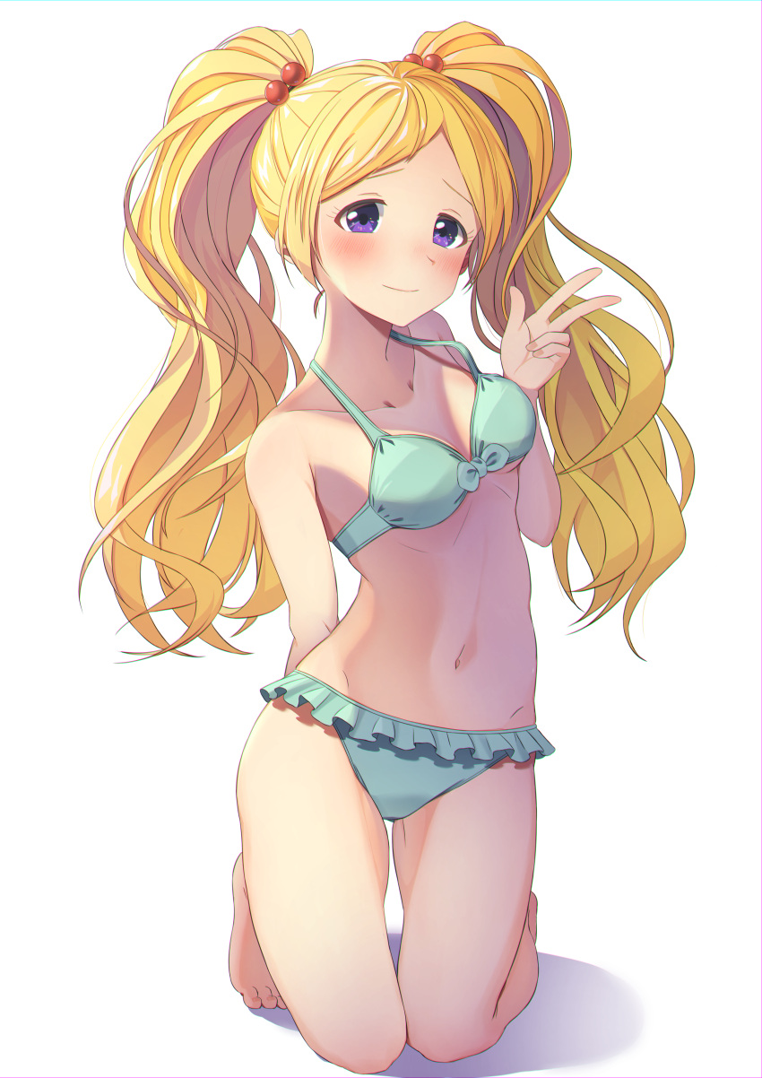 1girl absurdres arm_behind_back bare_shoulders barefoot bikini blonde_hair blush closed_mouth collarbone emily_stewart front-tie_bikini_top front-tie_top green_bikini hair_bobbles hair_ornament hand_up highres idolmaster idolmaster_million_live! idolmaster_million_live!_theater_days kneeling kuro_kinkan long_hair looking_at_viewer navel purple_eyes shy simple_background smile solo swimsuit twintails w white_background