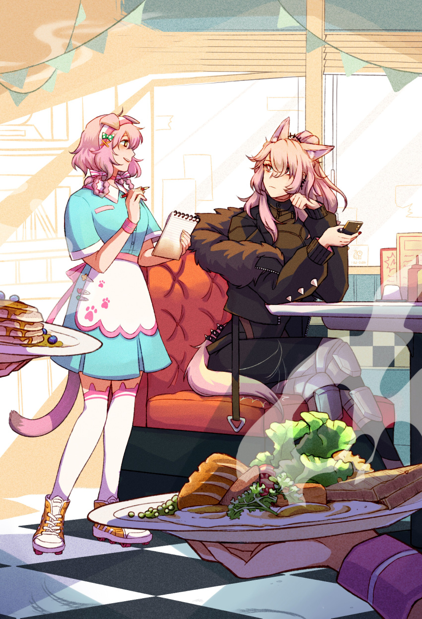 animal_ear_fluff animal_ears arknights blue_dress brown_eyes brown_jacket brown_pants cellphone diner dress extra_ears food goldenglow_(arknights) headband highres jacket original pants phone pink_eyes pink_hair pozyomka_(arknights) roller_skates shoes sihzari skates tail thighhighs turtleneck waitress wolf_ears wolf_girl wolf_tail